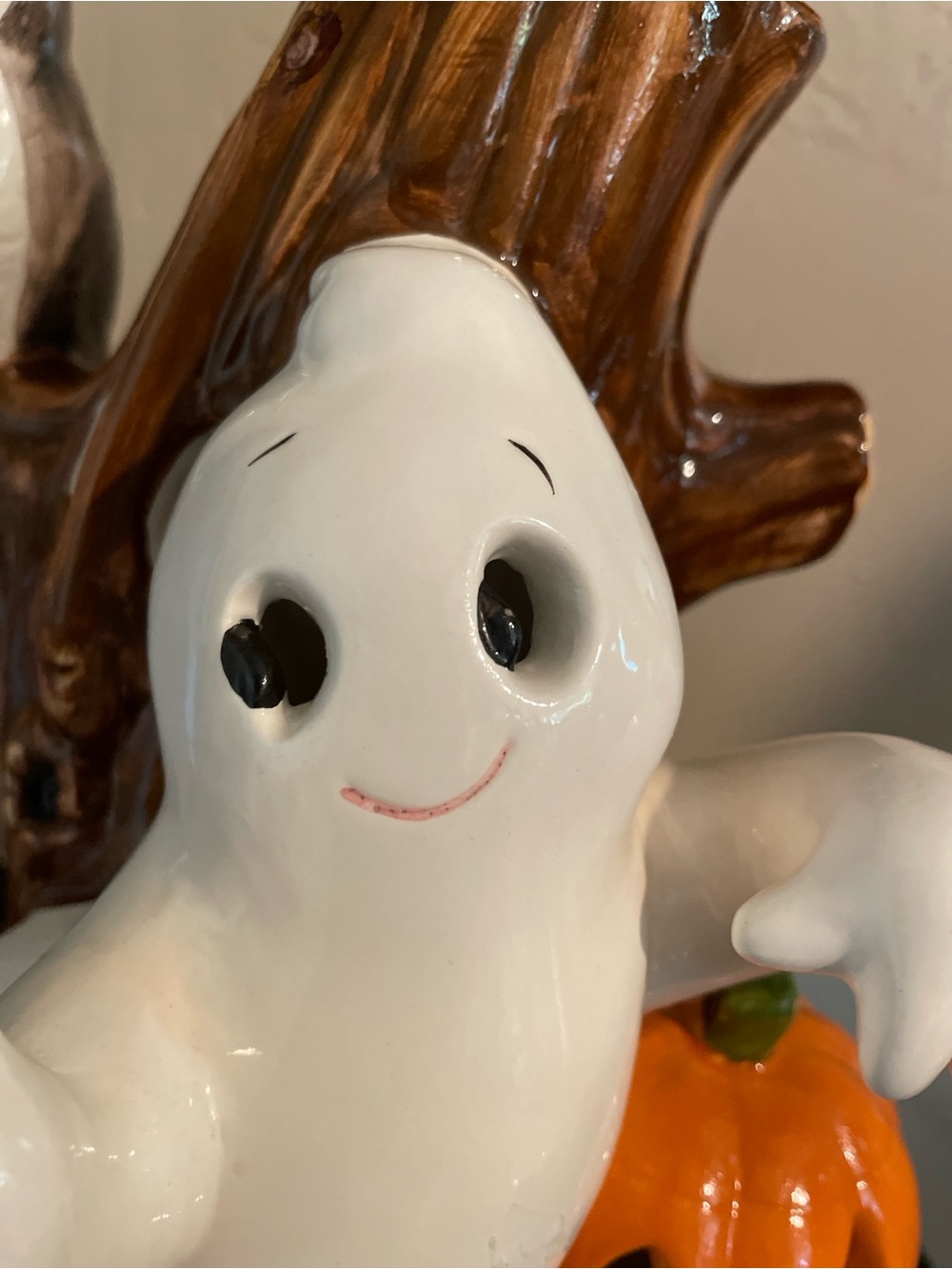 Vintage Hallmark White Ghost with Orange Pumpkin and Brown Tree Accent - Picture 3 of 8